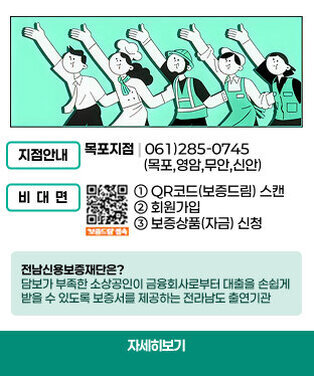 지점안내 |목포지점 | 061)285-0745                    (목포,영암,무안,신안) 비대면 | ① QR코드(보증드림-https://m.site.naver.com/1h5MX) 스캔 ② 회원가입 ③ 보증상품(자금) 신청 \'보증드림\' 접속  전남신용보증재단은? 담보가 부족한 소상공인이 금융회사로부터 대출을 손쉽게 받을 수 있도록 보증서를 제공하는 전라남도 출연기관  자세히보기