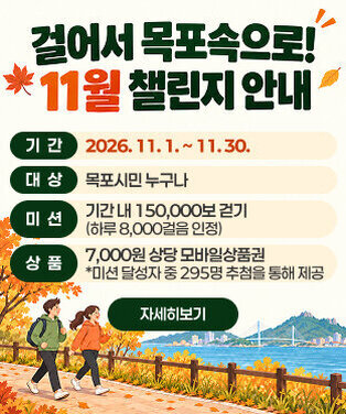 「걸어서 목포속으로!」11월 챌린지 안내 기   간: 2026. 11. 1. ~ 11. 30. 대   상: 목포시민 누구나 미   션: 기간 내 150,000보 걷기(하루 8,000걸음 인정) 상   품: 7,000원 상당 모바일상품권              *미션 달성자 중 295명 추첨을 통해 제공 자세히보기