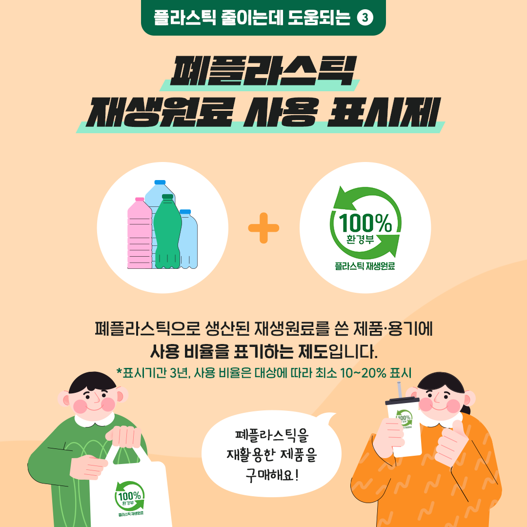 플라스틱 줄이는데 도움되는 3 폐플라스틱 재생원료 사용 표지제 폐플라스틱으로 생산된 재생원료를 쓴 제품 용기에 사용 비율을 표기하는 제도입니다. *표시기간 3년, 사용 비율은 대상에 따라 최소 10~20% 표시 폐플라스틱을 재활용한 제품을 구매해요!