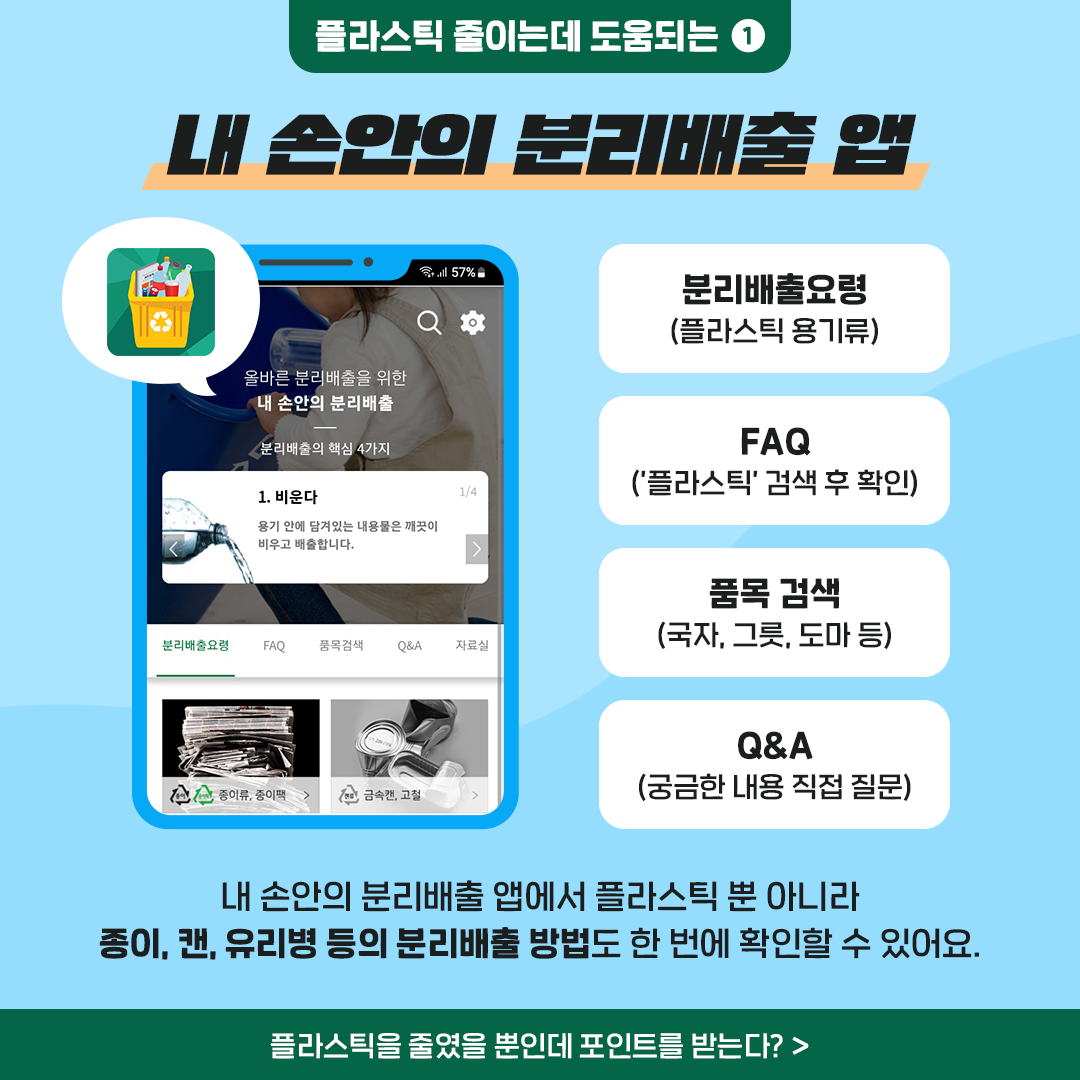 플라스틱 줄이는데 도움되는 1 내 손안의 분리배출 앱 분리배출요령 (플라스틱 용기류) FAQ (\'플라스틱\' 검색 후 확인) 품목 검색 (국자, 그릇, 도마 등) Q&A (궁금한 내용 직접 질문) 내 손안의 분리배출 앱에서 플라스틱 뿐 아니라 종이, 캔, 유리병 등의 분리배출 방법도 한 번에 확인할 수 있어요. 플라스틱을 줄였을 뿐인데 포인트를 받는다?