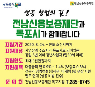 낭만항구 목포 전남신용보증재단 성공창업의 길! 전남신용보증재단과 목포시가 함께합니다. 지원기간 : 2020. 8. 24. ~ 한도소진시까지 지원대상 : 사업장과 주소지가 목포시로 되어있는 창업 5년 이하 청년사업자 (만 39세 이하) 지원혜택 : 대출금리 연 0.9% ~ 4.4% (보등료 0.8%), 멘토연계 (성공비법전수), 전문가 경영컨설팅 (세무, 마케팅 등 무상지원) 지원한도 : 최대 4천만원까지 문의처 : 전남신용보증재단 목포지점 285-0745